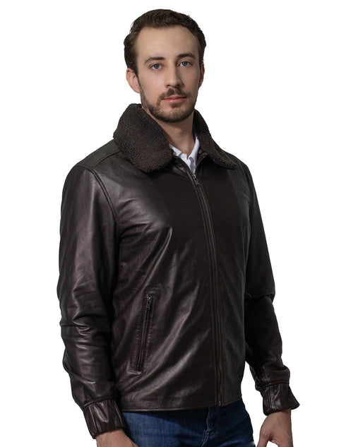 Chamarra Perry Ellis para Caballero en Piel Café Oscuro con Cuello de Borrego.